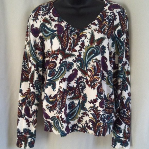 TALBOTS PETITE | Women's Paisley Print V Neck Sweater Size Medium - Picture 1 of 5